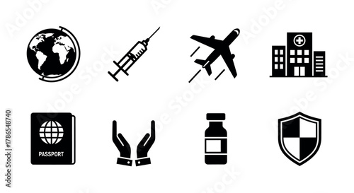 Black silhouetted icons representing a globe, syringe, airplane, hospital, passport, raised hands, medication vial, and shield, illustrating travel, health, and security concepts.