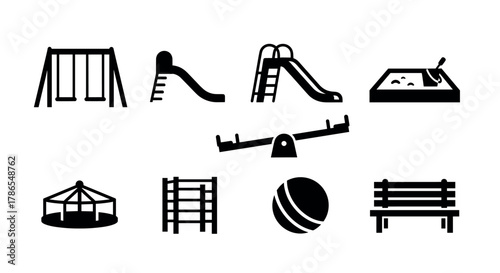 Collection of black silhouette icons depicting various playground equipment, including swings, slides, sandbox, seesaw, merry-go-round, climbing frame, ball, and bench.