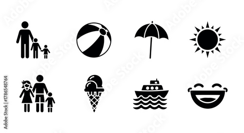 Collection of black silhouette icons depicting a family, a beach ball, an umbrella, a sun, a family of three, an ice cream cone, a boat, and a smiling face.