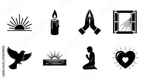 Collection of eight black silhouette icons representing sunrise, candle, praying hands, open window, dove, sun over water, kneeling figure, and heart with a starburst.