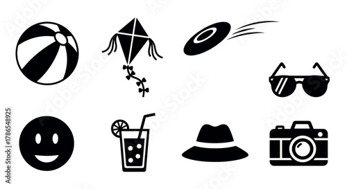 Black silhouette vector icons of a beach ball, kite, frisbee, sunglasses, smiling face, drink with straw, fedora hat, and a camera.