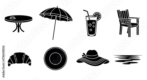 Black outline vector icons of an outdoor dining table, beach umbrella, cocktail glass, wooden chair, croissant, sun hat, and water ripple.