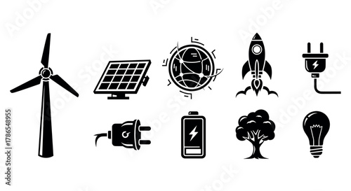 Black silhouette icons of various technology and energy concepts, including wind turbine, solar panel, and electric plug.