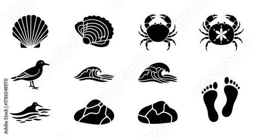 Set of black silhouette icons depicting various beach-related elements including shells, crabs, waves, a bird, and footprints.
