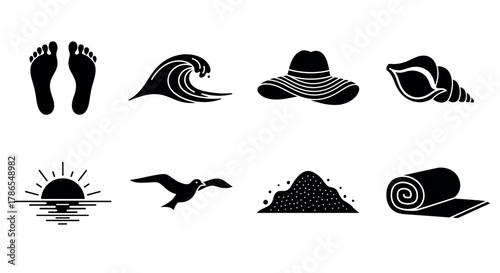Black silhouette icons illustrating beach themes including footprints, ocean wave, sun hat, seashell, sunset, seagull, sand pile, and beach towel.