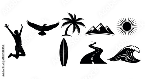 A collection of black silhouette icons depicting a jumping figure, flying bird, palm tree, mountain range, sun, surfboard, winding road, and ocean wave.