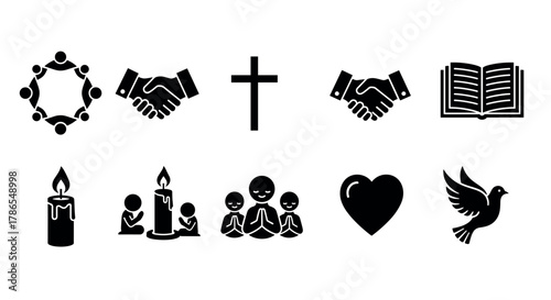 Black outline icons representing various religious and community symbols including a candle, handshake, cross, book, people, heart, and dove.