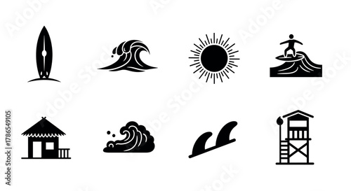 Black silhouette icons of surfing and beach elements, including a surfboard, waves, sun, surfer, beach hut, fins, and lifeguard tower.