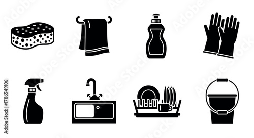 Black outline icons of cleaning and washing items, including a sponge, towel, detergent bottle, gloves, spray bottle, sink, dish rack, and bucket with a handle.