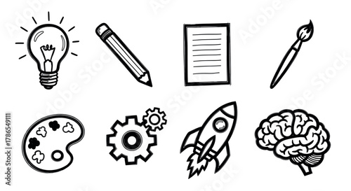 Black and white outline sketches of creative tools including a lightbulb, pencil, notepad, paintbrush, palette, gears, rocket, and brain.