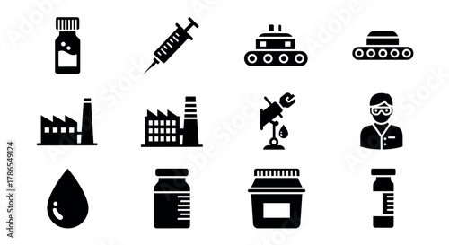 A collection of black icon silhouettes depicting various objects including a medicine bottle, syringe, tank, factory buildings, oil drilling rig, and male scientist.