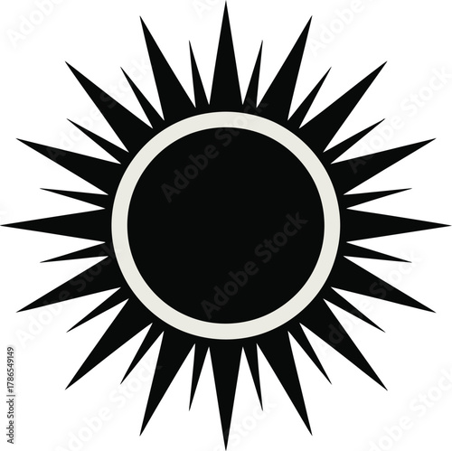 Stylized black sun icon with sharp rays on white background