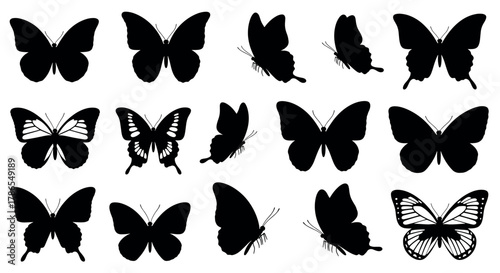 Collection of various black silhouette butterflies with different wing shapes and sizes, showcasing diversity in butterfly species.