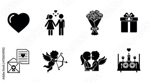 Black silhouette icons of romantic elements including a heart, couple, bouquet, gift, love letter, cupid, couple kissing, and a candlelit dinner table.
