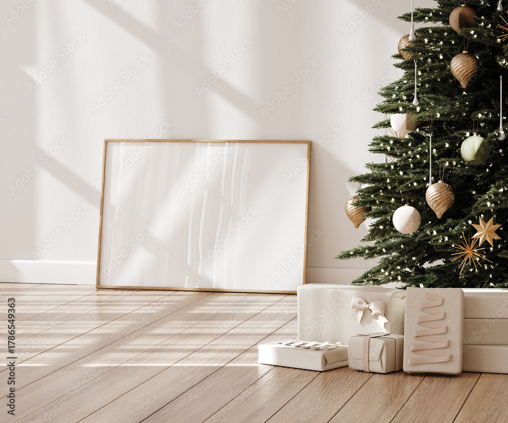 Obraz premium Christmas poster frame mockup in Scandinavian interior with Christmas tree and gifts, 3d render