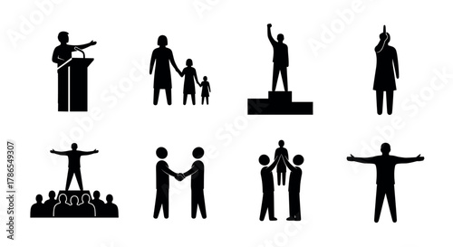 Silhouette icons of people engaging in various activities, including speaking at a podium, sharing moments with family, celebrating achievement, and making gestures.