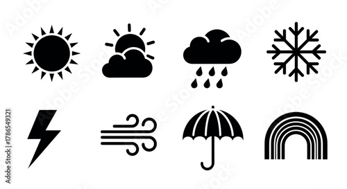 Black weather icons featuring a sun, sun with clouds, rain cloud, snowflake, lightning bolt, wind, umbrella, and rainbow, each symbolizing different weather conditions.