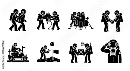 Black silhouette icons depicting astronauts performing various activities, including walking, conducting experiments, operating equipment, and interacting on the moon.