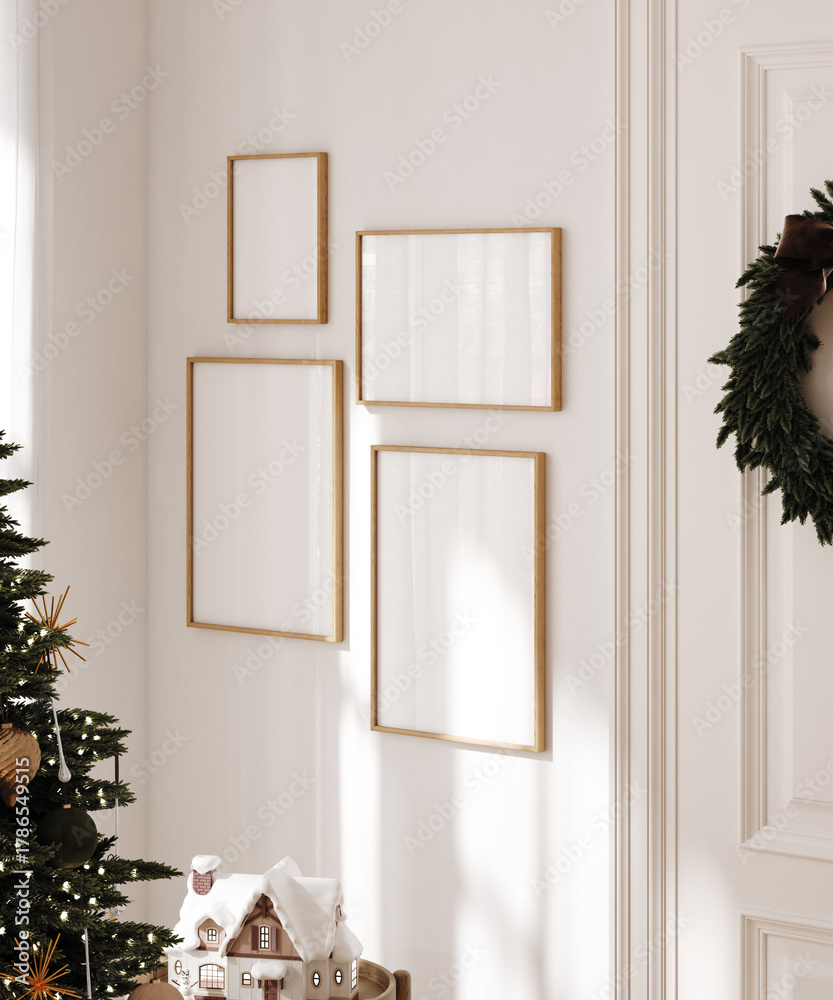 Naklejka premium Christmas poster frame mockup in Scandinavian interior with Christmas tree and gifts, 3d render