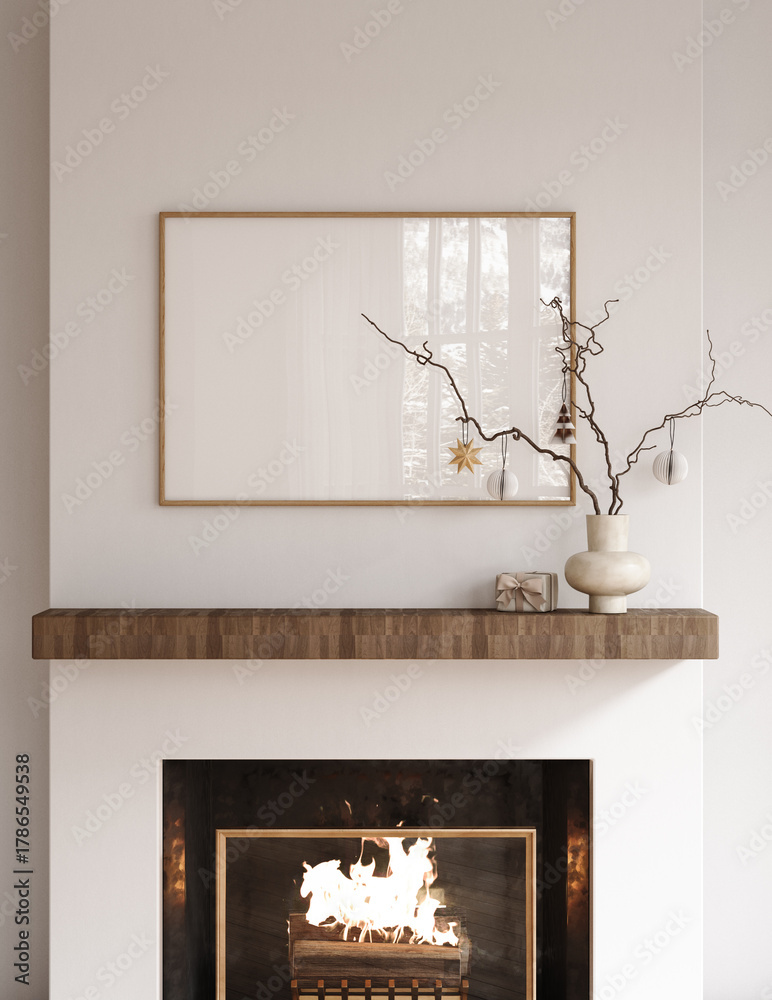 Naklejka premium Christmas poster frame mockup in Scandinavian interior with fireplace and decoration, 3d render