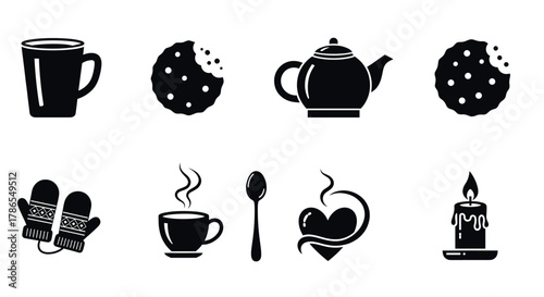 Black and white icons featuring a mug, cookies with bites, a teapot, mittens, a steaming cup, a spoon, a swirling heart, and a burning candle.