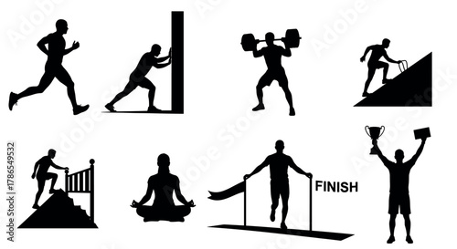 Silhouettes of various fitness activities including running, weight lifting, yoga meditation, and celebrating victory, showcasing dynamic movement and athleticism.