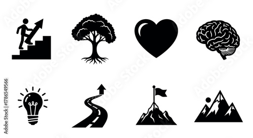 Black silhouette icons depicting a person climbing stairs, a tree, a heart, a brain, a light bulb, a road, a flag on a mountain, and a mountain range.