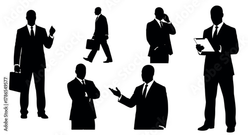 Silhouettes of six adult, african male figures in business attire, engaged in various professional activities like walking, talking, and holding documents.
