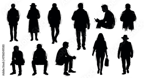 Silhouettes of various people, including both males and females, standing and sitting in different poses, highlighting diverse clothing styles and accessories.