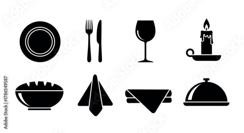 Black silhouette icons of dining elements including a plate, cutlery, wine glass, candle, bread, folded napkins, and a cloche.