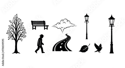 Black silhouette illustrations of various outdoor elements, including a tree, park bench, walking figure, winding road, street lamps, cloud, leaf, and bird.