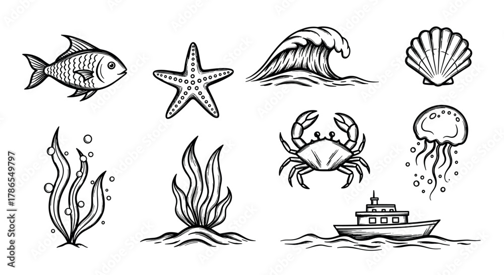 Obraz premium Black outline drawings of marine life including a fish, starfish, wave, shell, seaweed, crab, jellyfish, and boat, representing oceanic themes.