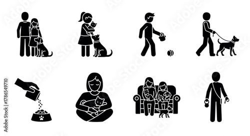 Black silhouette icons depicting various activities involving people and pets, including walking dogs, feeding, and cuddling with cats and dogs.
