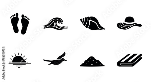 Black silhouette icons representing various beach elements, including footprints, a wave, a seashell, a sun hat, a sunset, a seagull, a sand pile, and a book.