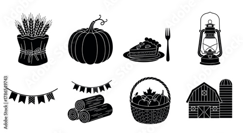 Black outline vector icons depicting an autumn harvest theme, including wheat, pumpkin, pie with utensils, lantern, banners, logs, fruit basket, and farm structures.
