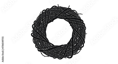 Black and white graphical depiction of a tightly woven, circular wreath made from interlaced barbed wire, symbolizing strength and confinement.