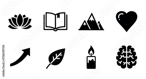 Eight black silhouette icons depicting a lotus flower, open book with a bookmark, three mountains, heart, upward arrow, leaf, burning candle, and brain.