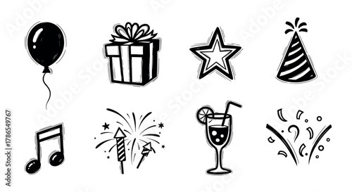 Black and white hand-drawn icons of a balloon, gift box, star, party hat, music note, fireworks, cocktail, and confetti, depicting festive party elements.