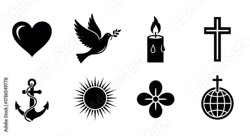 Set of eight black silhouette icons representing heart, dove with olive branch, lit candle, cross, anchor with rope, sun, flower, and globe with cross.