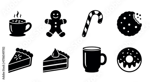 Black silhouette icons of holiday treats including gingerbread man, candy cane, cookies, pie slices, coffee mugs, and a donut.