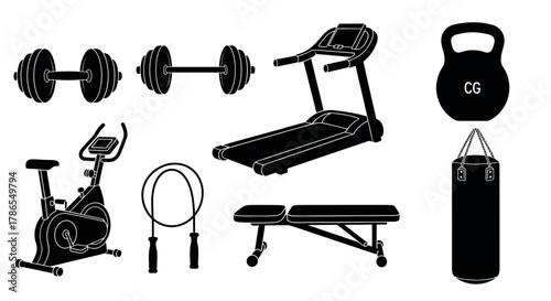 Black silhouettes of various gym equipment including a treadmill, dumbbells, kettlebell, punching bag, bench, exercise bike, and jump rope.