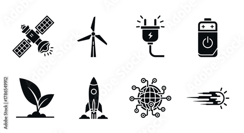 Set of black silhouette icons depicting satellite, wind turbine, power plug, battery, plant, rocket, digital network, and meteor.