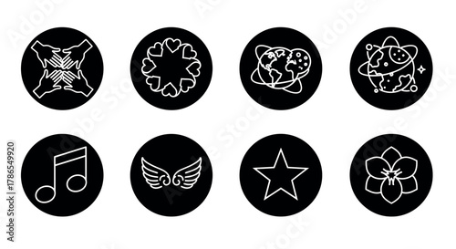 Eight round black icons featuring various white line symbols, including hands reaching together, a heart pattern, planets around earth, an atom, music note, wings, a star, and a flower.