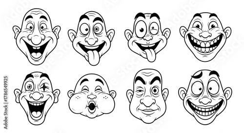 Black and white cartoon-style illustrations of eight male faces displaying various exaggerated expressions such as joy, surprise, and humor, each with distinct facial features.