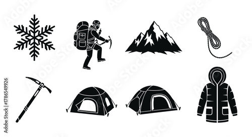 Black silhouette icons depicting winter sports gear, including a snowflake, climber, mountain, rope, ice axe, tents, and a jacket.