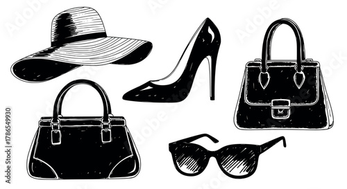 Black and white illustration featuring a stylish set of women's fashion accessories, including a wide-brimmed hat, high-heel shoes, handbags, and sunglasses.