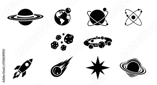 Black silhouette icons of planets, asteroids, a rocket, a comet, a star, and an atom configuration on a white background.