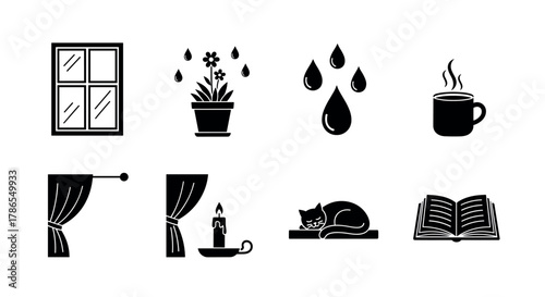 Eight black outline icons including a window, potted plant, water droplets, coffee cup, curtain, candle, sleeping cat, and an open book, each representing a distinct concept.