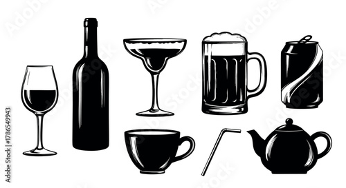 Black and white silhouettes of various beverage containers, including a wine glass, bottle, cocktail glass, beer mug, soda can, teacup, straw, and teapot.