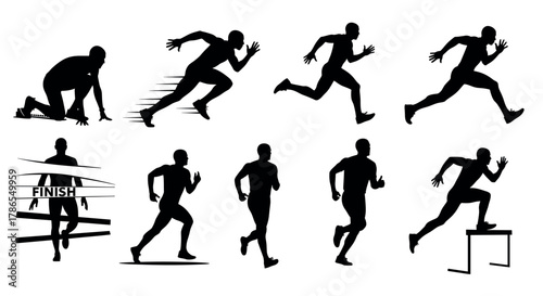 Silhouettes of athletic figures engaged in various running poses, including sprint starts, mid-run strides, and hurdling over obstacles.